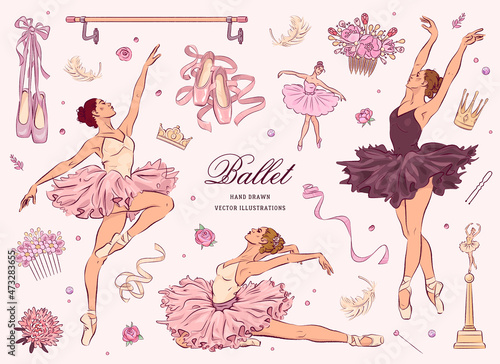 Hand drawn sketch ballet set. Vector illustration of ballet dancers