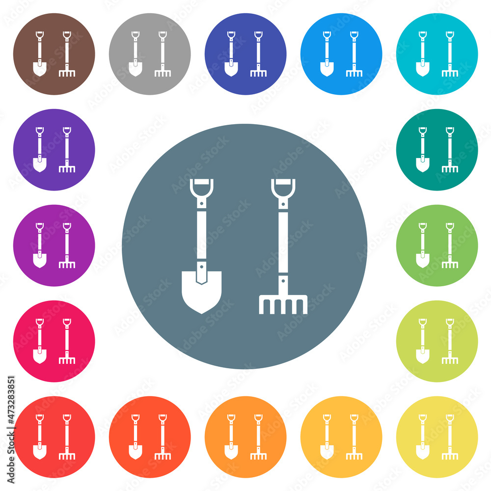 Shovel and rake flat white icons on round color backgrounds Shovel and rake flat white icons on round color backgrounds