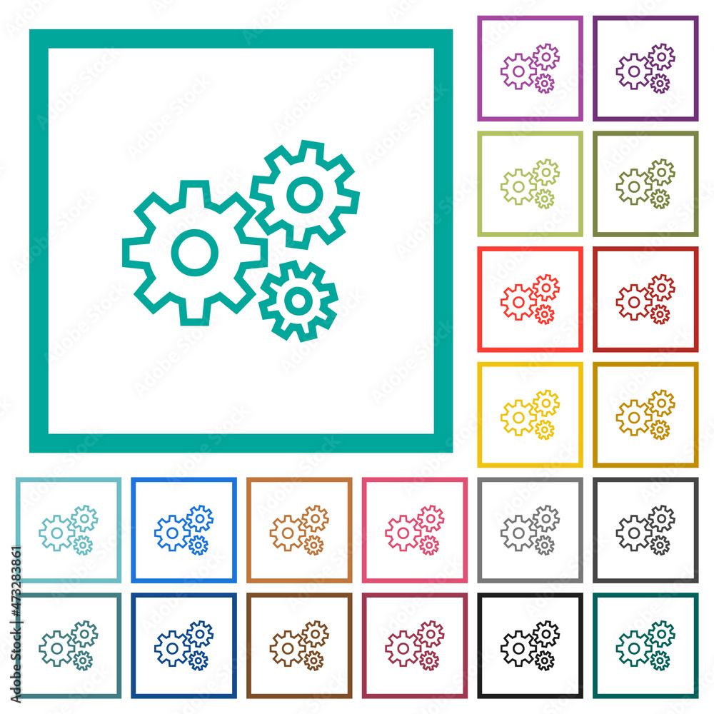 Gears flat color icons with quadrant frames Gears flat color icons with quadrant frames
