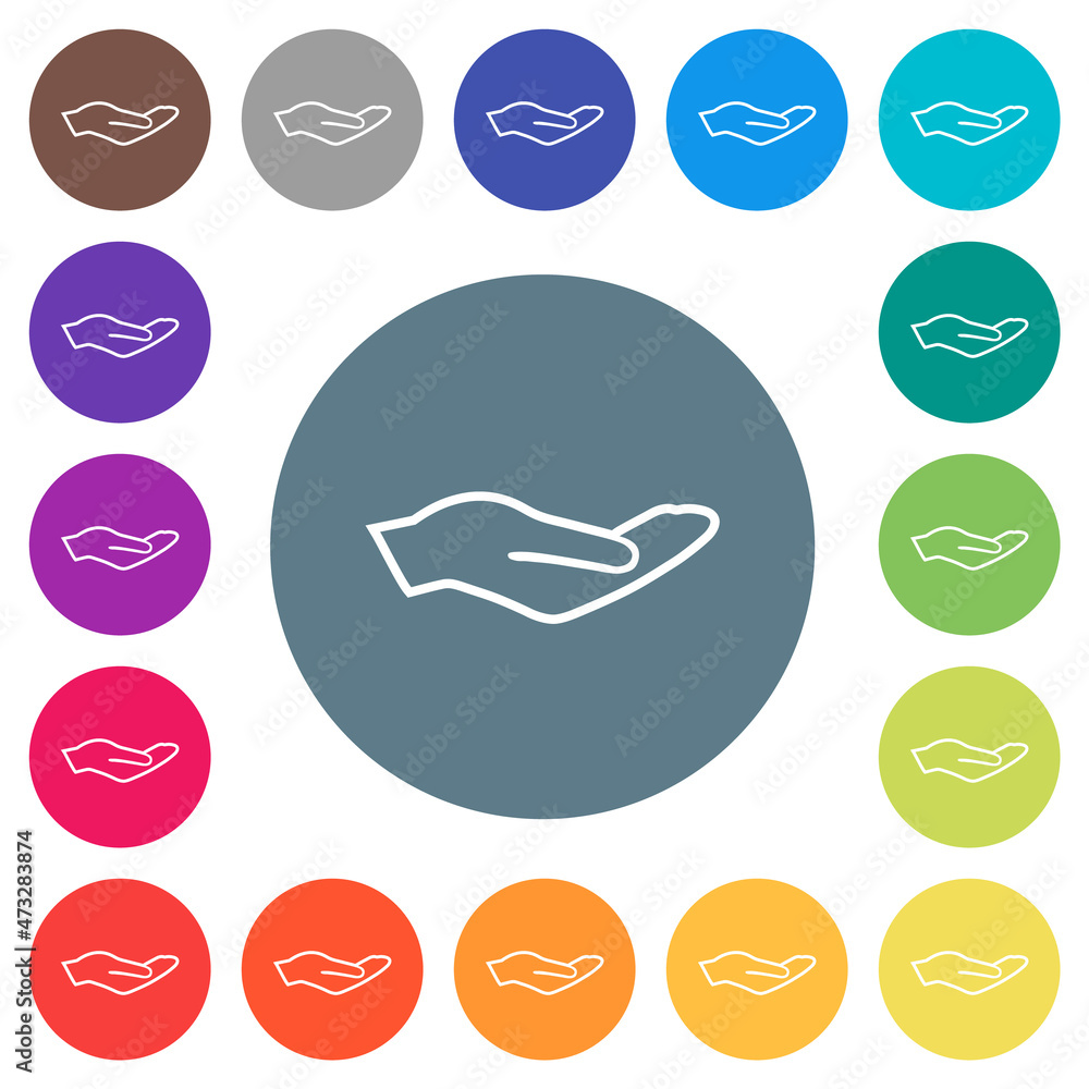 Human hand outline flat white icons on round color backgrounds Human hand outline flat white icons on round color backgrounds