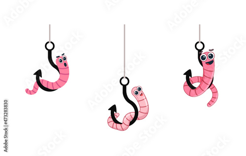 Set Cartoon worm on a hook. Emotion horror. vector illustration