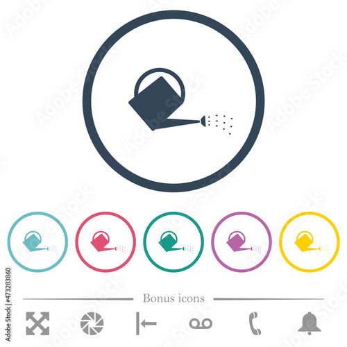 Watering can flat color icons in round outlines