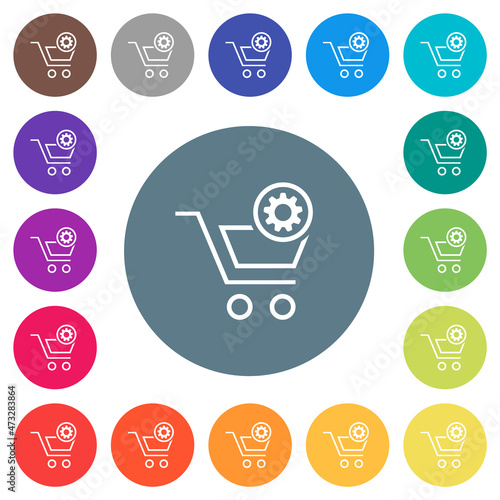 Cart settings flat white icons on round color backgrounds