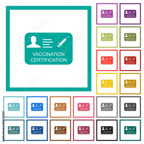 Vaccination certification flat color icons with quadrant frames