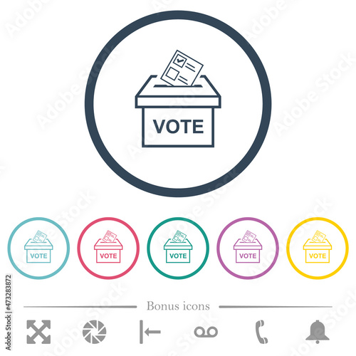 Voting paper and ballot box outline flat color icons in round outlines