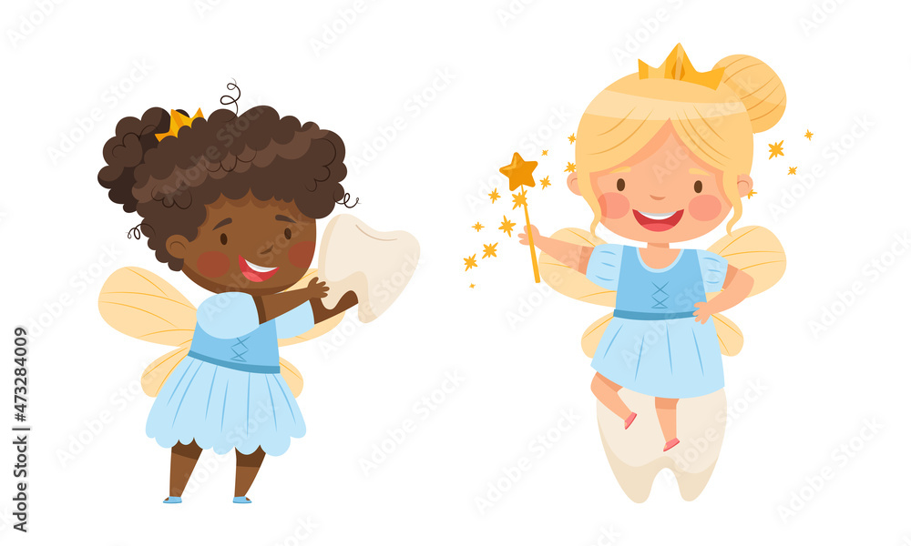 Lovely little Tooth Fairy in golden crowns with baby tooth set cartoon vector illustration Lovely little Tooth Fairy in golden crowns with baby tooth set cartoon vector illustration