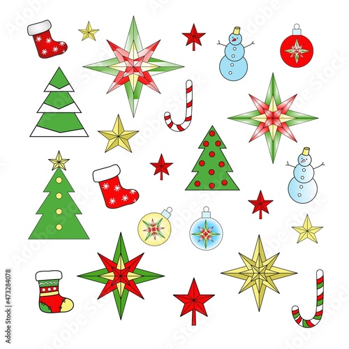 Holiday attributes illustration, stars, Christmas sock, snowman, Christmas tree, balls for Christmas tree
