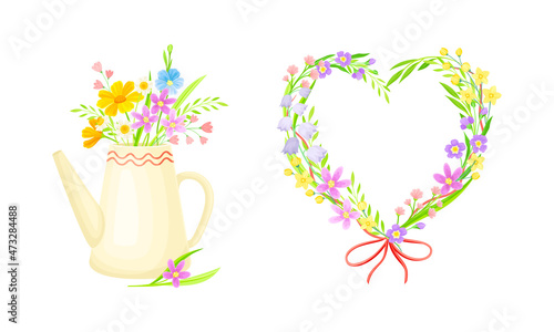 Summer or spring flowers set. Bouquet in ceramic teapot and wreath of blooming flowers vector illustration
