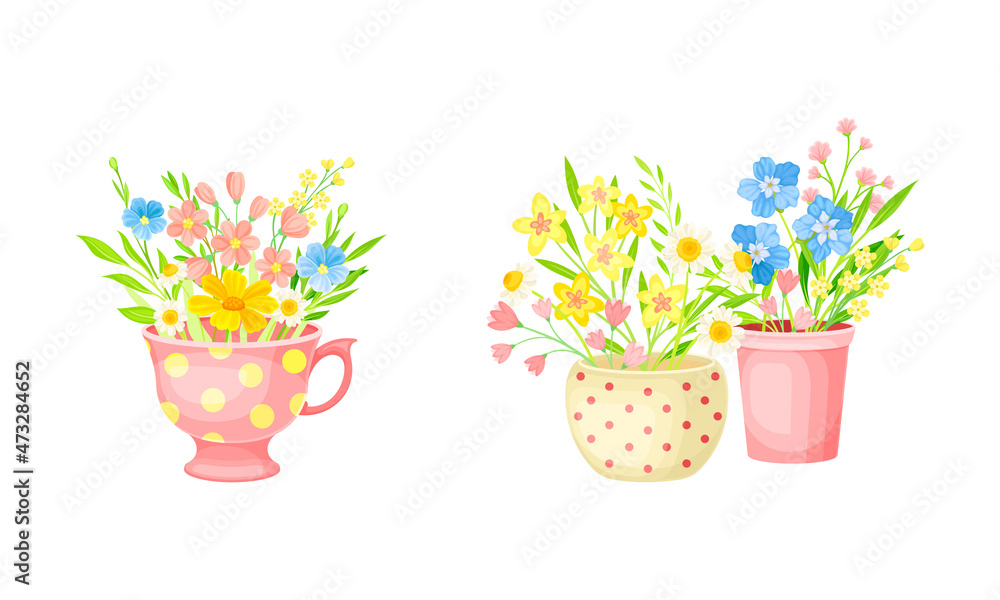 Bouquets of summer or spring wildflowers in flower pots and teacup set vector illustration Bouquets of summer or spring wildflowers in flower pots and teacup set vector illustration