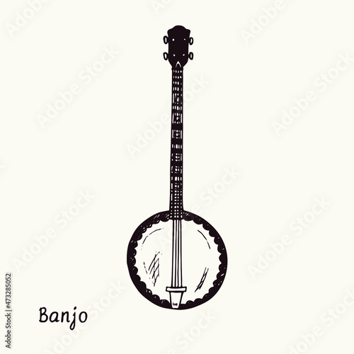 Banjo. Ink black and white doodle drawing in woodcut style with inscription.