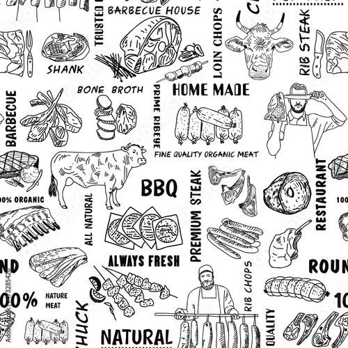 Hand drawn meat seamless pattern. Vintage design template, banner. Vector.