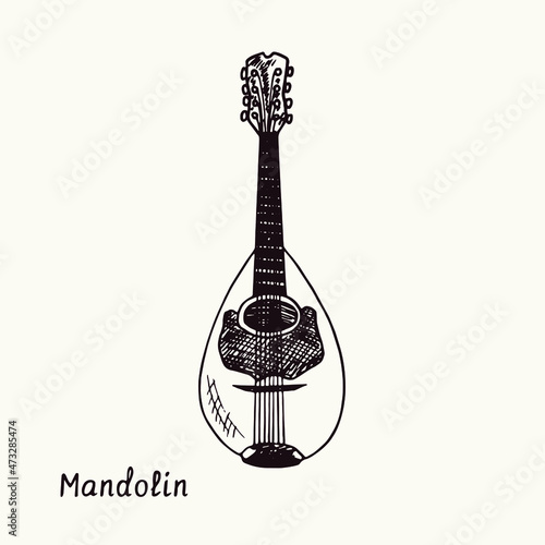Mandolin. Ink black and white doodle drawing in woodcut style with inscription.