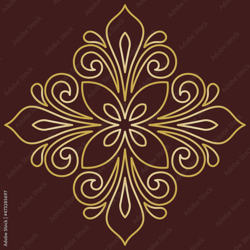 Floral vector pattern with golden arabesques. Abstract oriental ornament. Vintage classic pattern