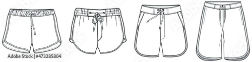 Board shorts, surf shorts, swim shorts fashion flat sketch vector illustration templates. CAD mockup.