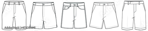 chino short pant technical drawing. men's plain casual shorts with button closure fashion flat sketch vector illustration.