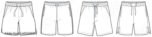 flat sketch set of mens elastic waist drawstring shorts vector illustration. CAD mockup.