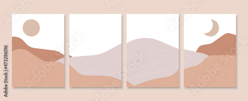 Set of four abstract aesthetic backgrounds landscapes. Contemporary Boho art posters. Hand drawn textures. Home decor wall arts with mountains, sun and moon. Natural earth colors.