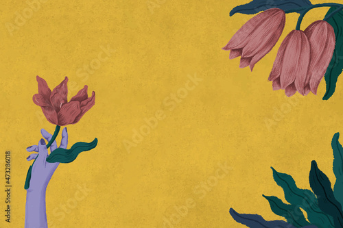 Botanical purple woman holding a flower frame illustration