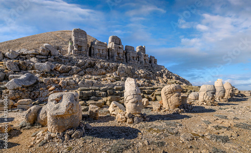 Ancient statues on top of the Nemrut Mountain in Adiyaman, Turkey. The UNESCO World Heritage Site. King Antiochus of Commagene tomb.	