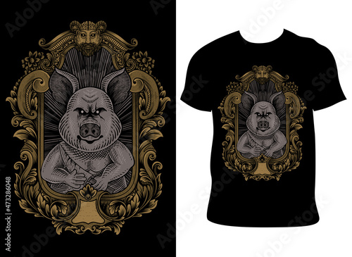 illustration vintage psychopath pig with engraving style