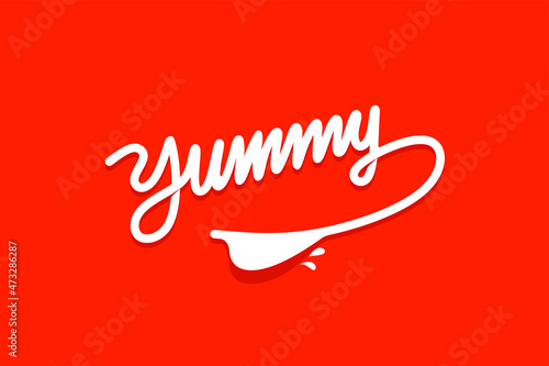 Yummy text doodle for tasty delicious food, yum vector text logo. Yummy lettering cartoon for delicious tasty or yum licking food