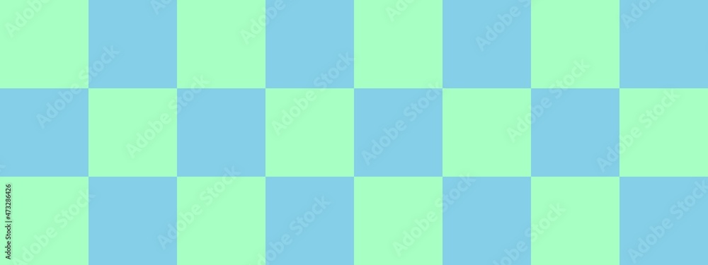 Checkerboard banner. Sky blue and Mint colors of checkerboard. Big squares, big cells. Chessboard, checkerboard texture. Squares pattern. Background.