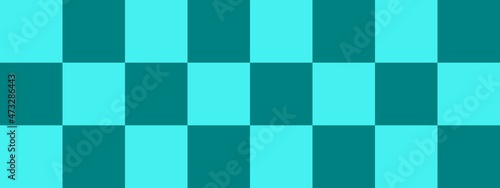 Checkerboard banner. Teal and Cyan colors of checkerboard. Big squares, big cells. Chessboard, checkerboard texture. Squares pattern. Background.