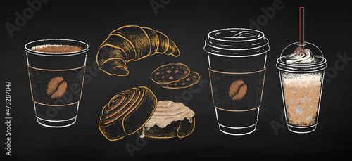 Takeaway coffee and pastry chalk drawn set