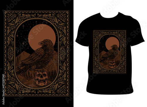 illustration vintage scary crow with engraving style