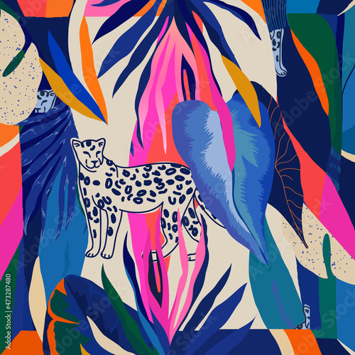 Silk scarf design. Creative contemporary collage with leopard and tropical plants. Fashionable template for design.