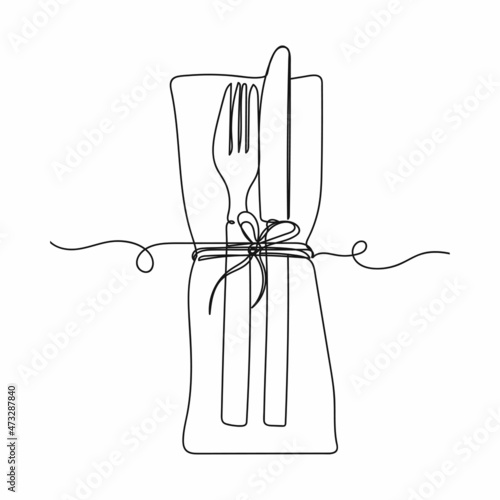 Vector abstract continuous one single simple line drawing icon of cutlery and napkin in silhouette sketch.