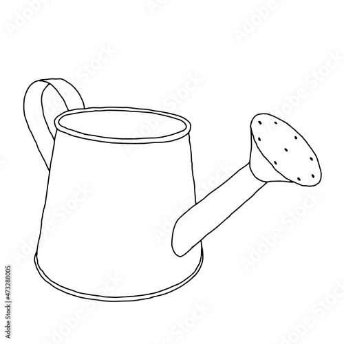 Hand drawn outline black vector illustration of a beautiful metal watering can for gardening isolated on a white background