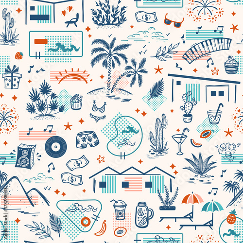 Summer Vacation theme. Palm Springs, California architecture and nature. Holiday homes, pools, beach, palm trees, hills, tropical plants, food, drinks and other leisure items. Vector Seamless Pattern