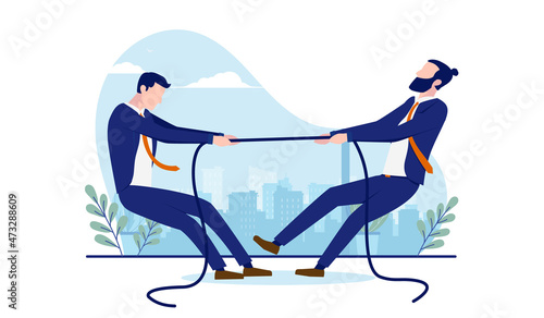 Competition between businessmen - Two men in tug of war competing. Business rivalry concept. Flat design vector illustration