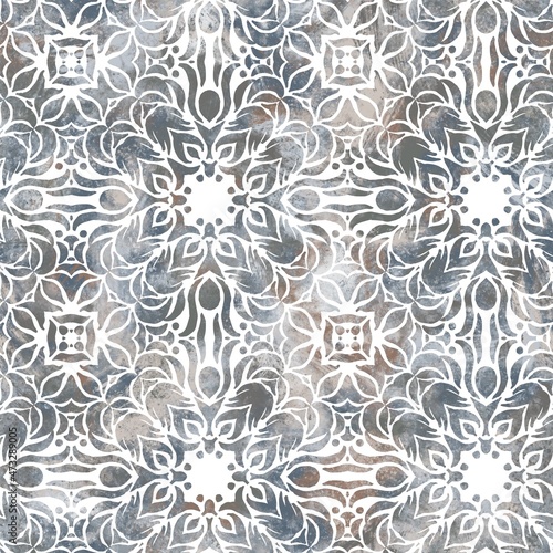 Seamless neutral and white grungy classic abstract surface pattern design for print. High quality illustration. Monochrome earth colored design with white pattern design overlay. Repeat graphic swatch