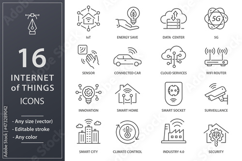 Internet of things icons, such as innovation, sensor, climat control, IoT and more. Editable stroke.