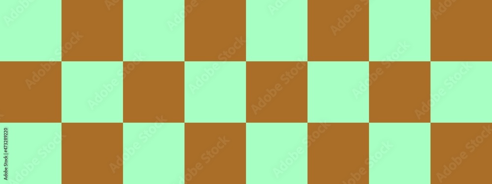 Checkerboard banner. Brown and Mint colors of checkerboard. Big squares, big cells. Chessboard, checkerboard texture. Squares pattern. Background.