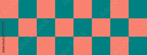 Checkerboard banner. Teal and Salmon colors of checkerboard. Big squares, big cells. Chessboard, checkerboard texture. Squares pattern. Background.
