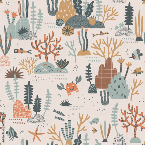 Marine life Coral reef Fish Crab Seaweed vector seamless pattern. Boho earthy colours sea bottom background. Scandinavian decorative childish surface design for nautical nursery and navy kids fabric.
