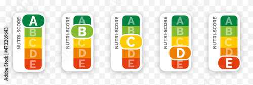 Nutri-score labels vertical set vector. Nutriscore food rating system signs : A, B, C, D, E. Isolated symbols for packaging on background. Vector illustration. photo