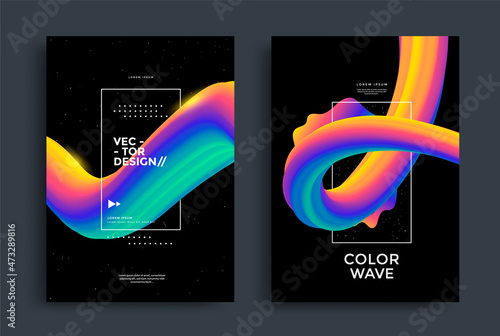 Liquid wave backgrounds for flyer, cover, brochure. Modern poster layout with gradient 3d shapes. Dynamic colored posters with flow art shapes.