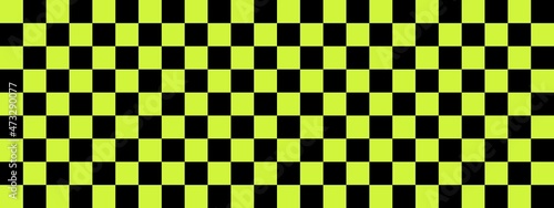 Checkerboard banner. Black and Lime colors of checkerboard. Small squares, small cells. Chessboard, checkerboard texture. Squares pattern. Background.