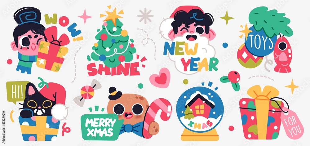 Set of Merry Christmas and Happy New Year stickers or magnets. Festive souvenirs. Set of Merry Christmas and Happy New Year stickers or magnets. Festive souvenirs.