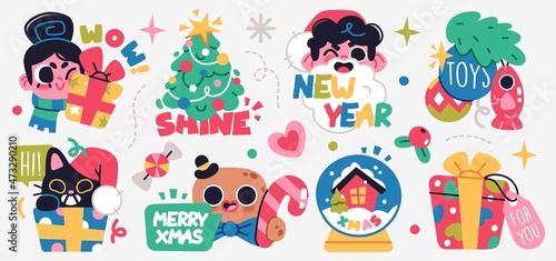 Set of Merry Christmas and Happy New Year stickers or magnets. Festive souvenirs.