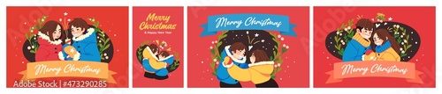 Winter Holidays cards set. Different Christmas stories with yong couple. Happy characters celebrating Chrismas or New Year.