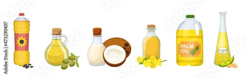 Oil set. Natural coconut, olive, sunflower, soy, palm oil. Vector illustration for advertising catalog of virgin oils