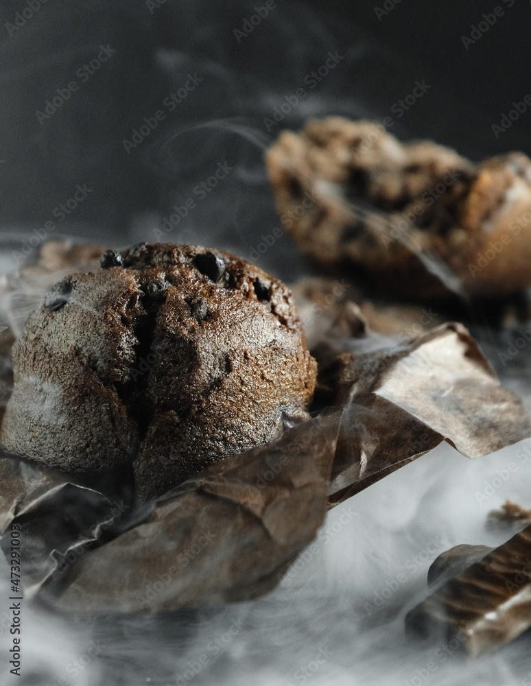 chocolate muffin with chocolate on a dark background