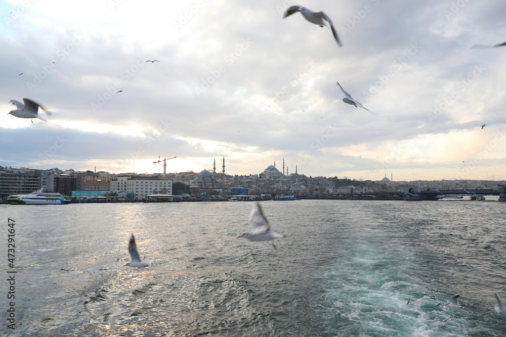 Boat trip along the Golden Horn, Istanbul, Turkey, December 2021.