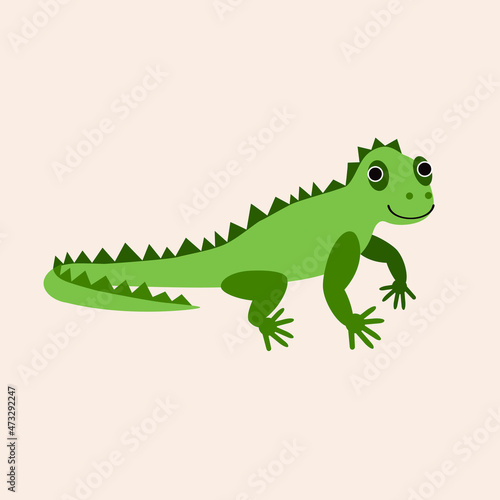 Vector isolated illustration with cute green iguana in flat simple style on beige background. Children's color picture, hand-drawn print. Cartoon kind, funny, smiling reptile. Delicate, gentle. 