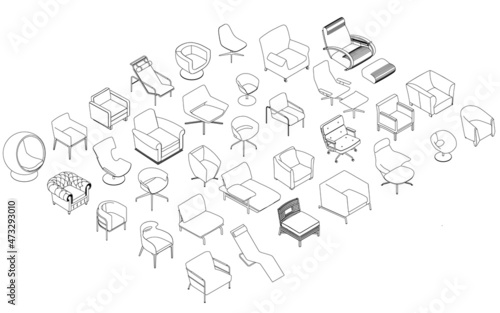 Large set of contours of armchairs and chairs from black lines isolated on white background. Isometric view. 3D. Vector illustration
